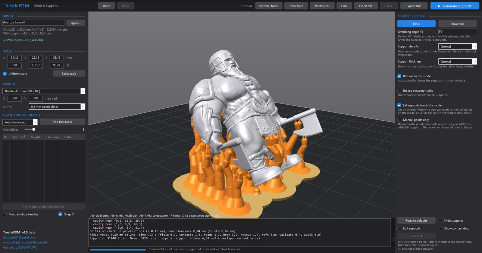 TrestleFDM window: model settings on the left, 3D view with generated supports, support settings on the right