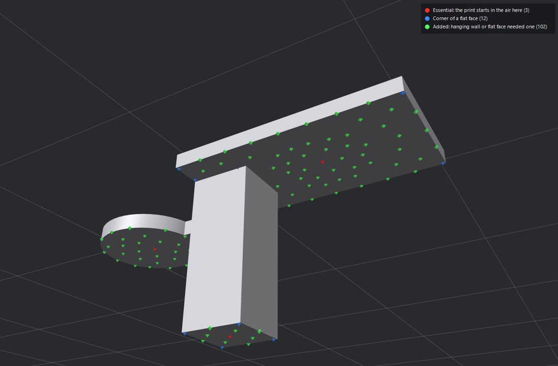 Underside of a test shelf: blue dots on every corner, green dots in rows along each hanging edge and spread over the flat face