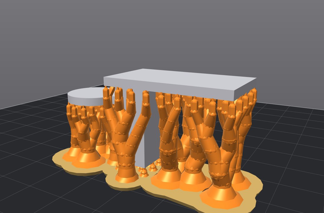 The same test shelf held by orange tree supports ending in fine tips along its edges