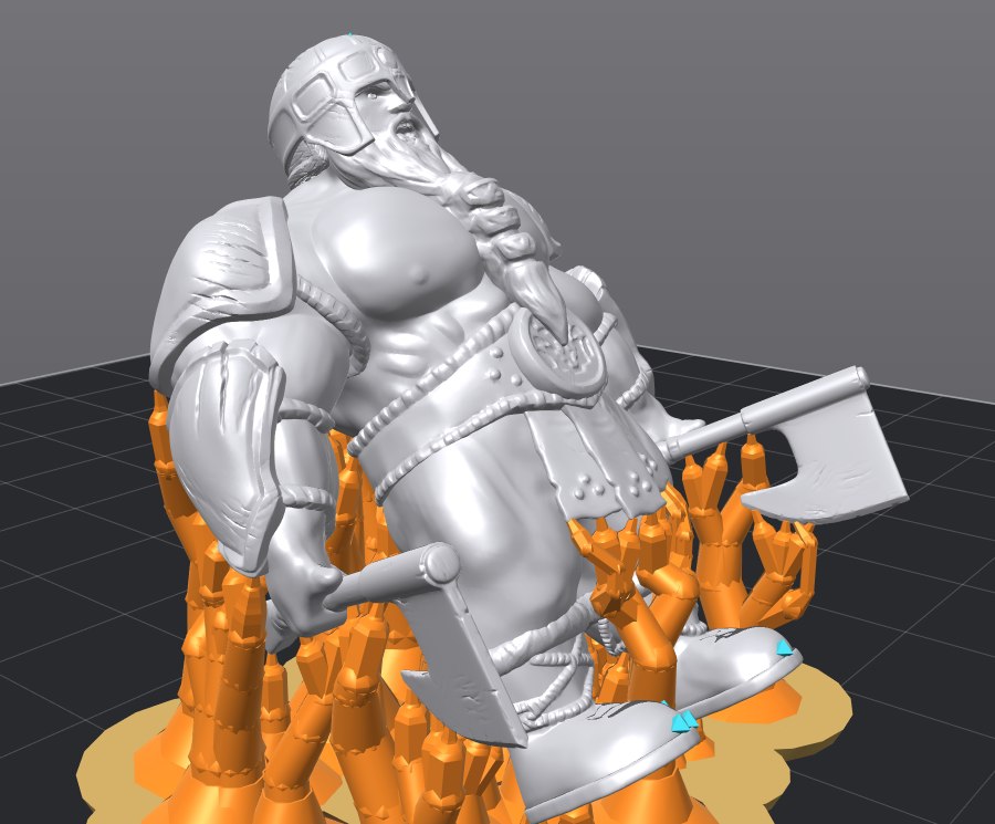 Dwarf warrior tilted back 40 degrees on TrestleFDM tree supports: the face is free, thick orange trunks hold the back and the axes