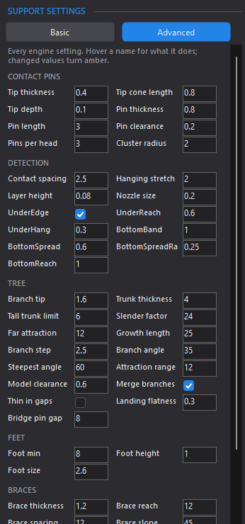 Advanced settings: contact pins, detection, tree, feet, braces and raft parameters