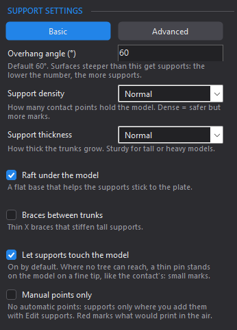 Basic settings: overhang angle, support density, support thickness, raft, braces, supports touching the model, manual points only