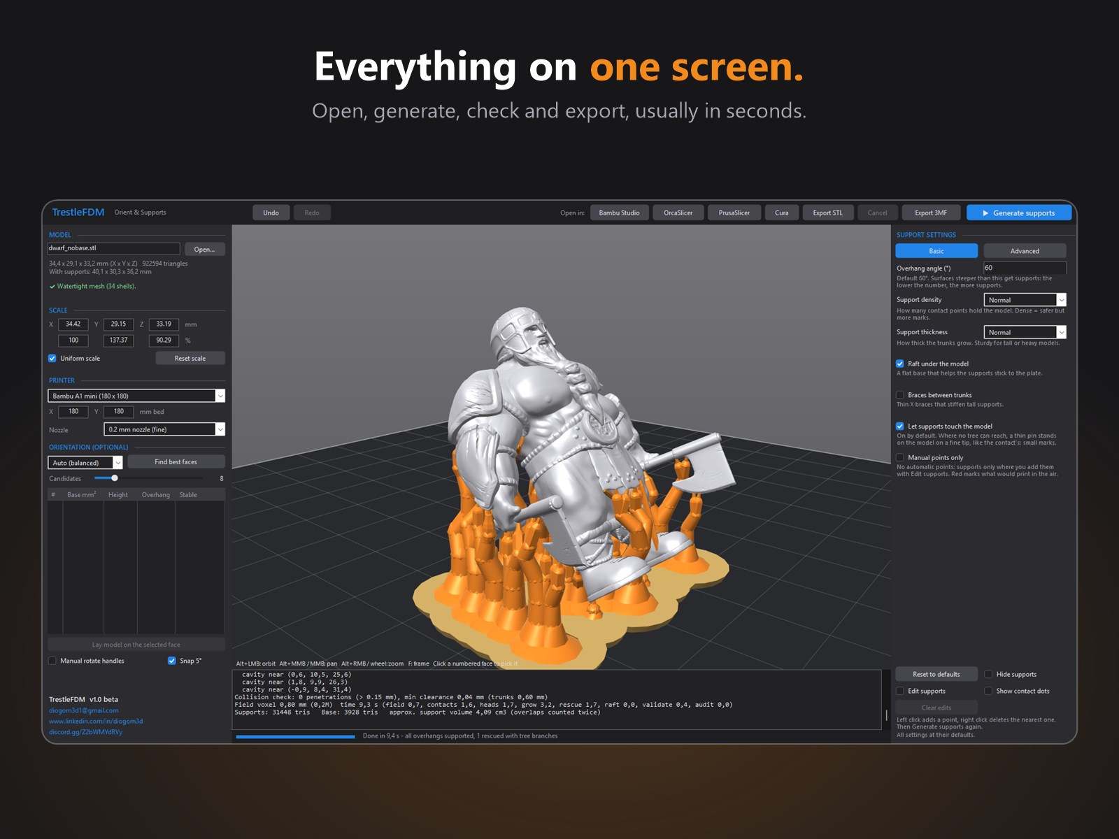 TrestleFDM window: model settings on the left, 3D view with generated supports, support settings on the right
