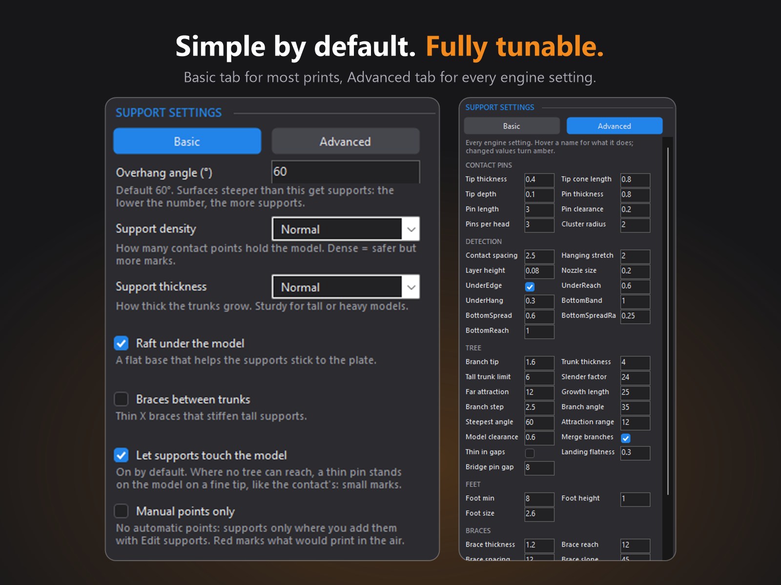 Basic settings (overhang angle, density, thickness, raft, braces) next to the Advanced tab with contact pins, detection, tree, feet, braces and raft parameters