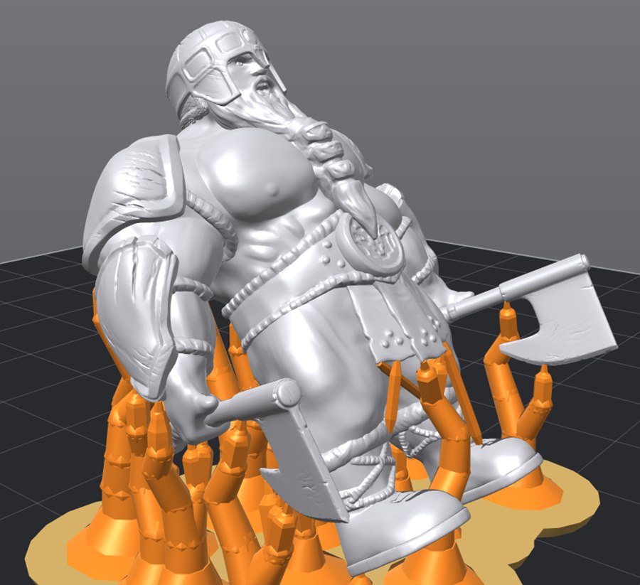 Dwarf warrior tilted back 40 degrees on TrestleFDM tree supports: the face is free, thick orange trunks hold the back and the axes