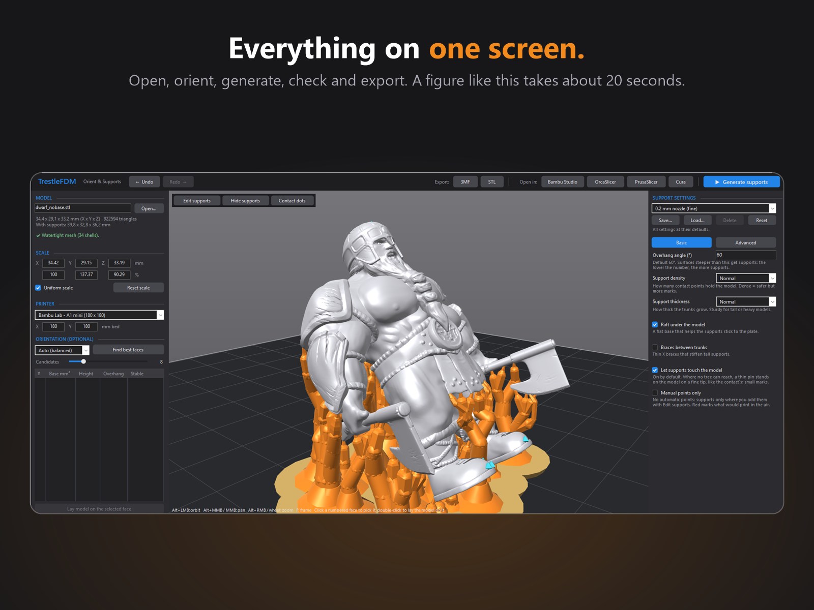 TrestleFDM window: model settings on the left, 3D view with generated supports, support settings on the right