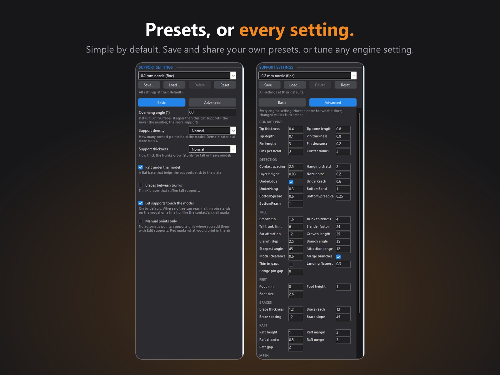 Support settings with the preset menu, Save, Load, Delete and Reset, the Basic tab and the Advanced tab with every engine setting